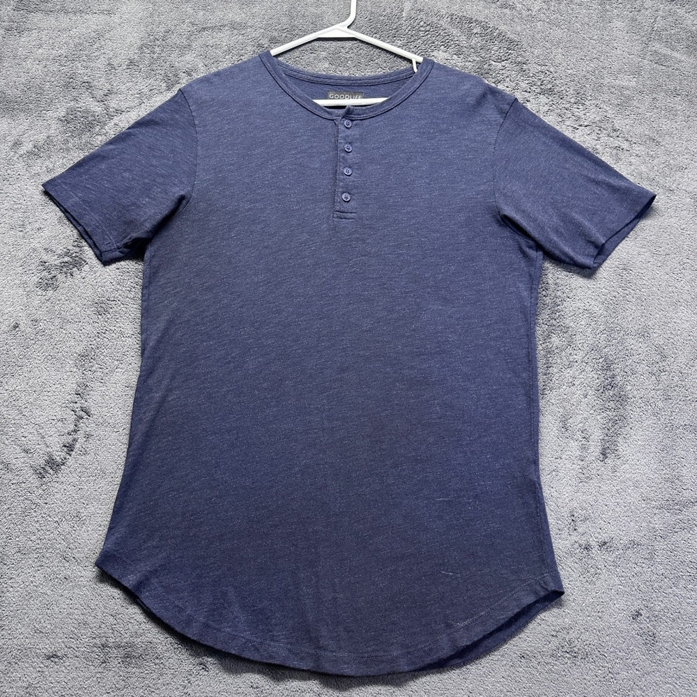 Goodlife Henley Shirt Mens Medium Blue Short Sleeve Scallop Hem Made in USA